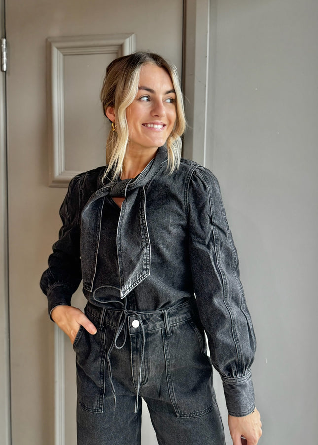 Tie Neck Denim Top - Black