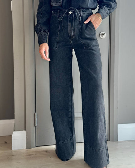 Wide Leg Tie Waist Jean - Black Wash