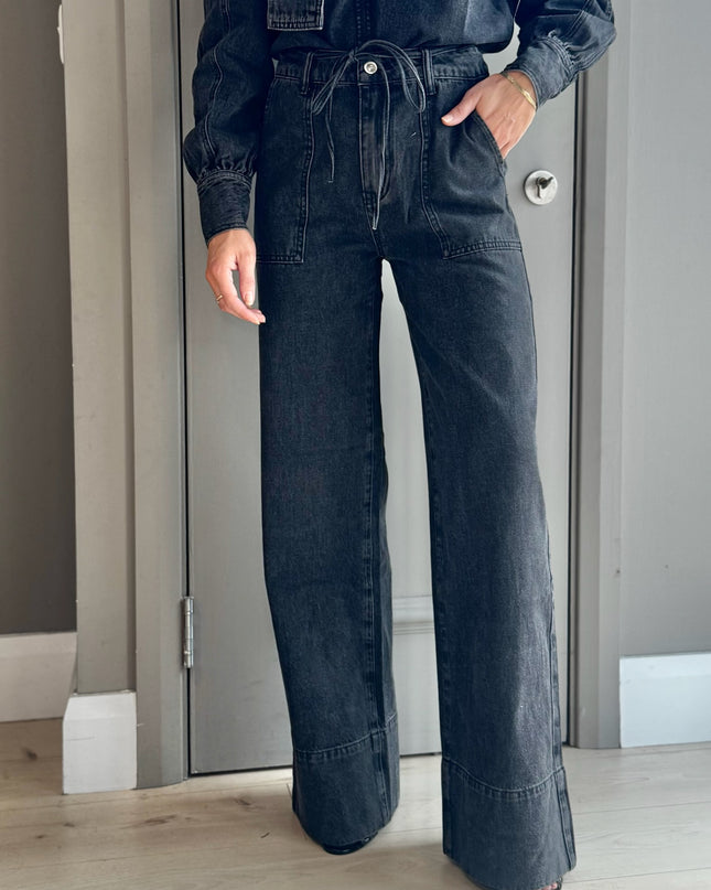 Wide Leg Tie Waist Jean - Black Wash