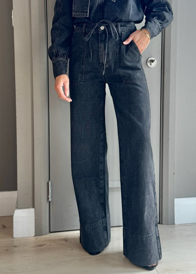 Wide Leg Tie Waist Jean - Black Wash