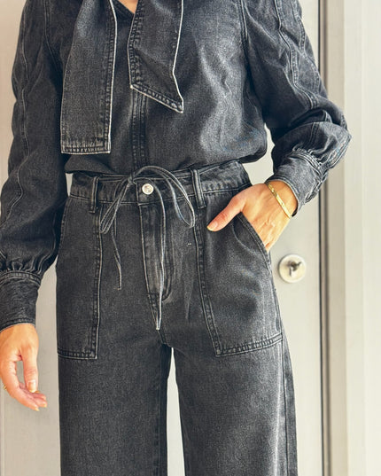 Wide Leg Tie Waist Jean - Black Wash