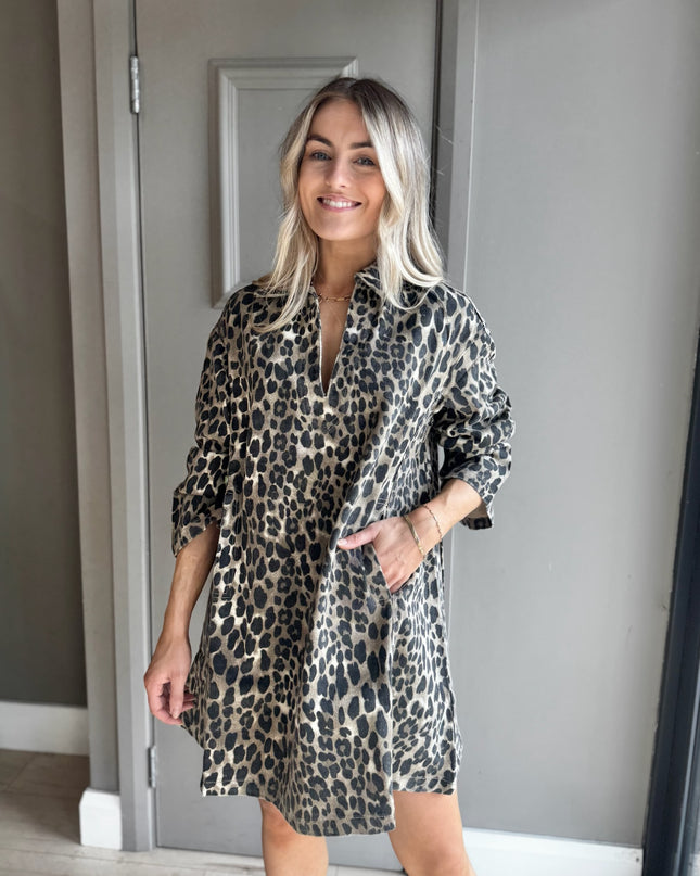 Denim Mini Dress - Leopard