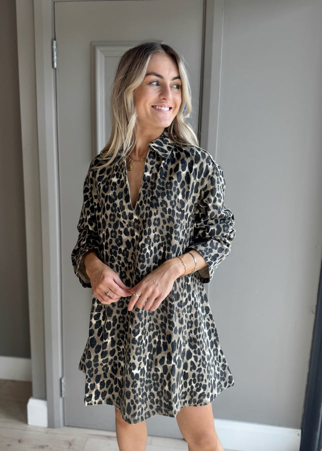 Denim Mini Dress - Leopard