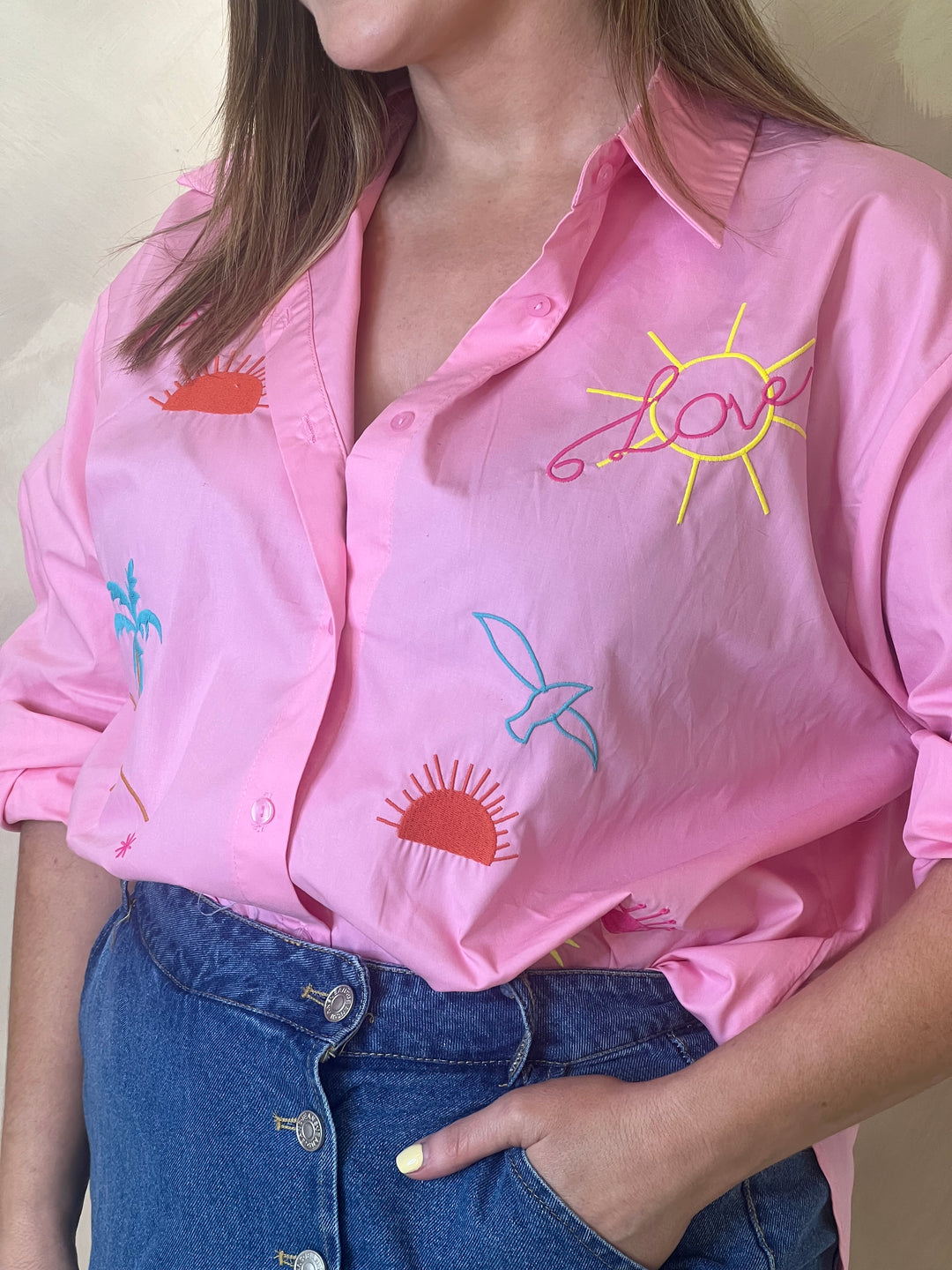 Oversized Embroidered Shirt - Pink