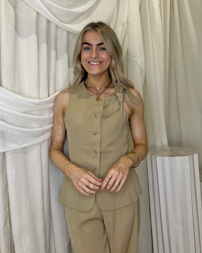 Tailored Round Neck Waistcoat - Beige