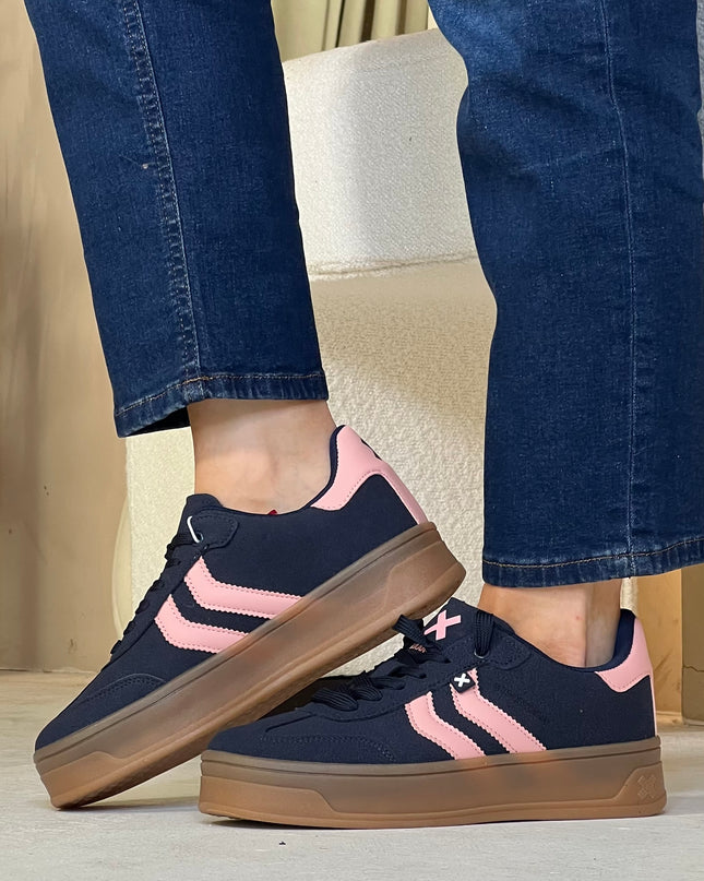 Suede Platform Sneaker - Navy/Coral