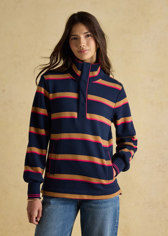 Burnham Funnel Neck Quarter Zip Sweatshirt - Navy/Tan Stripe