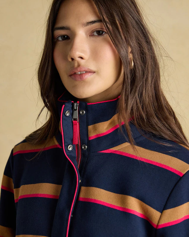 Burnham Funnel Neck Quarter Zip Sweatshirt - Navy/Tan Stripe