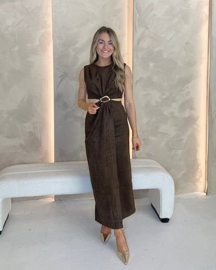 Suede Cut Out Midi Dress - Brown