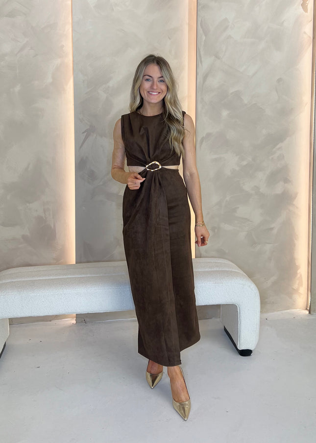Suede Cut Out Midi Dress - Brown