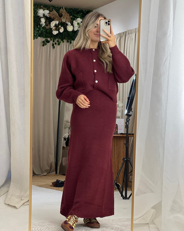 Cardigan and Midi Skirt Set - Burgundy