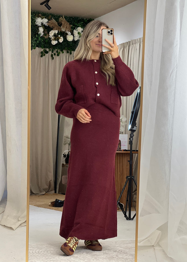 Cardigan and Midi Skirt Set - Burgundy