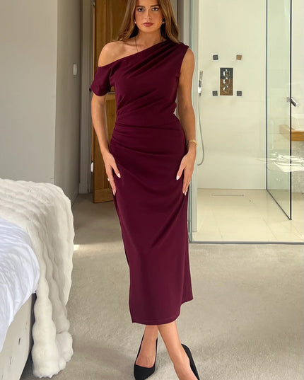 Donna Asymmetric Neckline Midi Dress - Plum