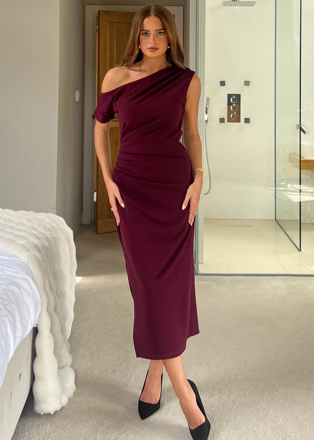 Donna Asymmetric Neckline Midi Dress - Plum