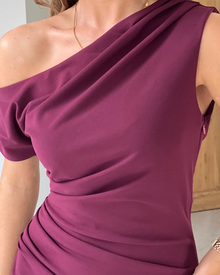 Donna Asymmetric Neckline Midi Dress - Plum