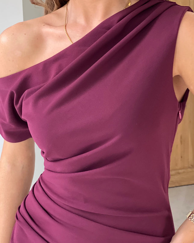 Donna Asymmetric Neckline Midi Dress - Plum