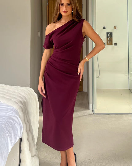 Donna Asymmetric Neckline Midi Dress - Plum