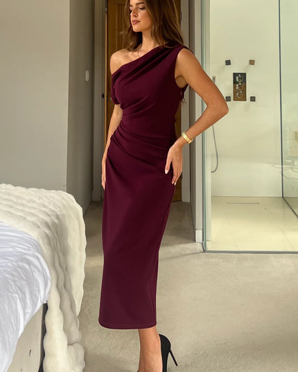 Donna Asymmetric Neckline Midi Dress - Plum