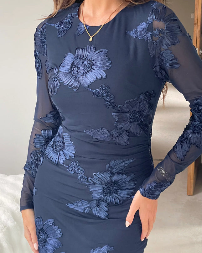 Elodie Floral Embroidered Mesh Bodycon Dress Navy