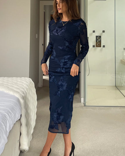 Elodie Floral Embroidered Mesh Bodycon Dress Navy