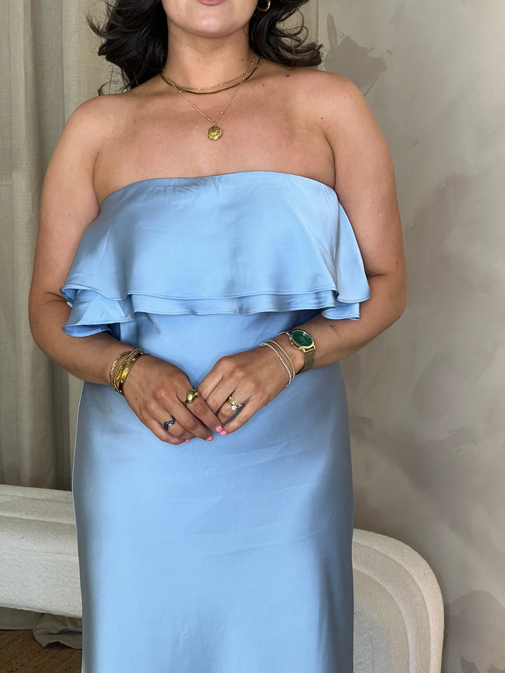 Strapless Frill Midi Dress - Blue