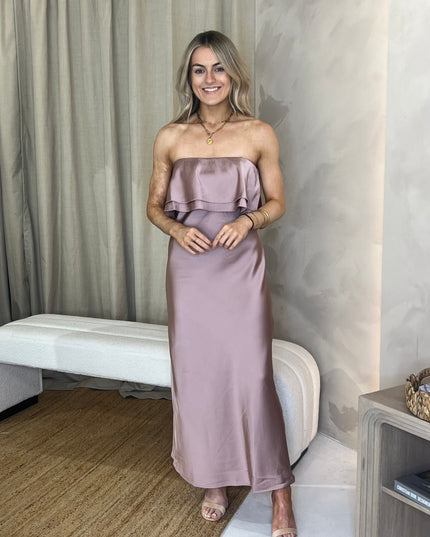 Strapless Frill Midi Dress - Dusky Pink