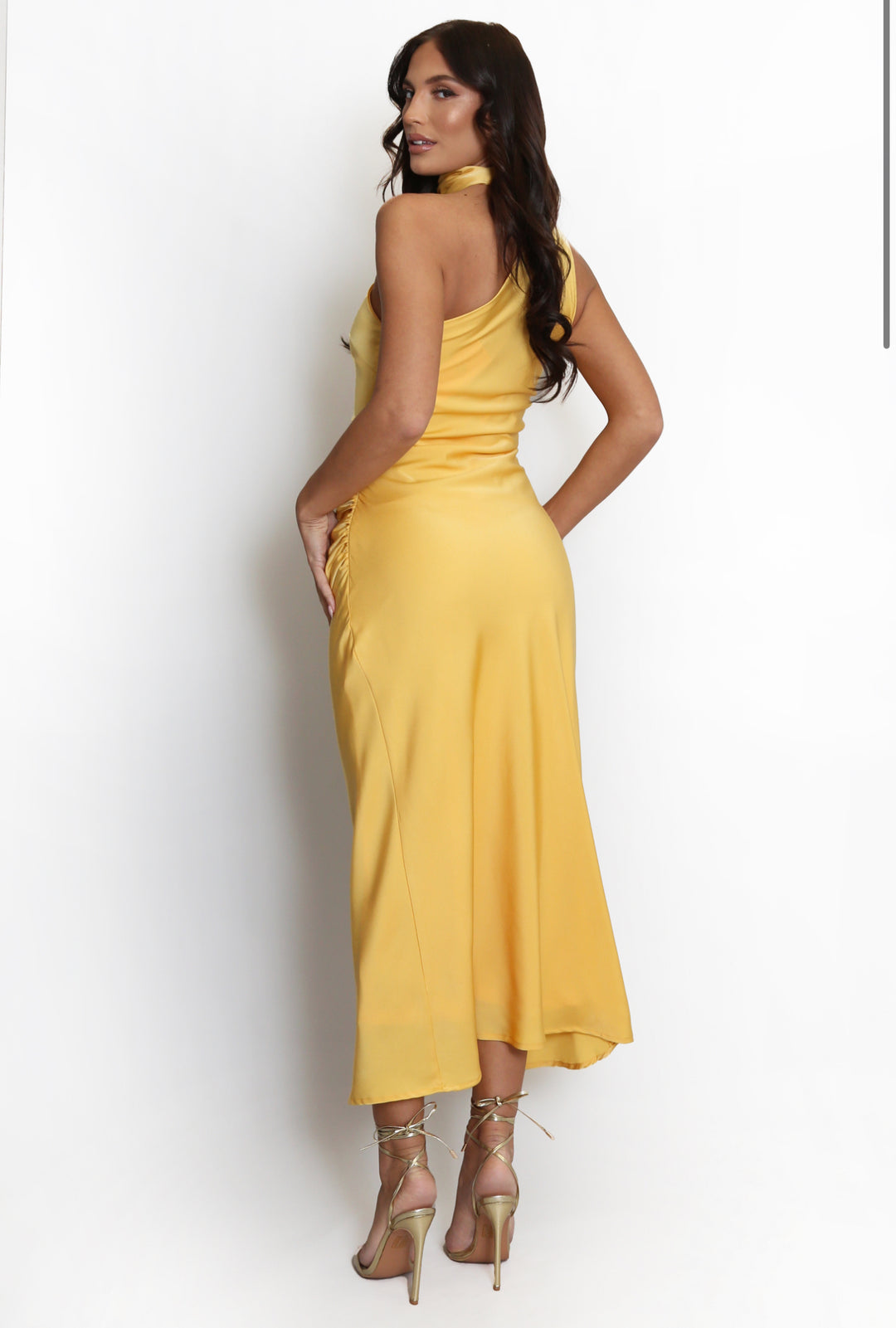Ruched Satin Midi Dress With Neck Tie - Yellow