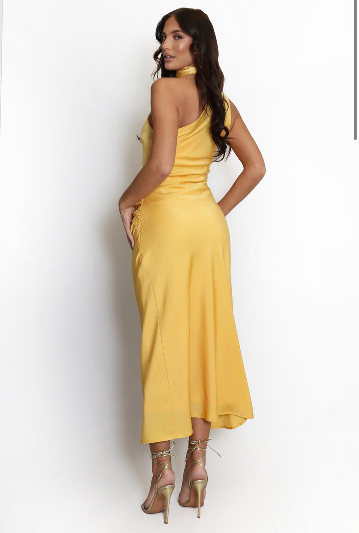 Ruched Satin Midi Dress With Neck Tie - Yellow