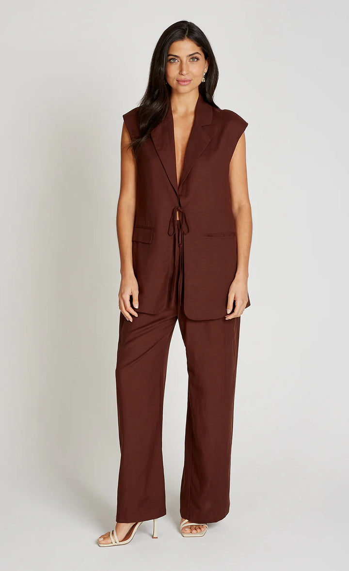Wide Leg Trousers With Linen - Chocolate Brown