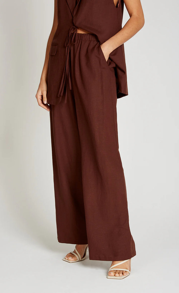 Wide Leg Trousers With Linen - Chocolate Brown
