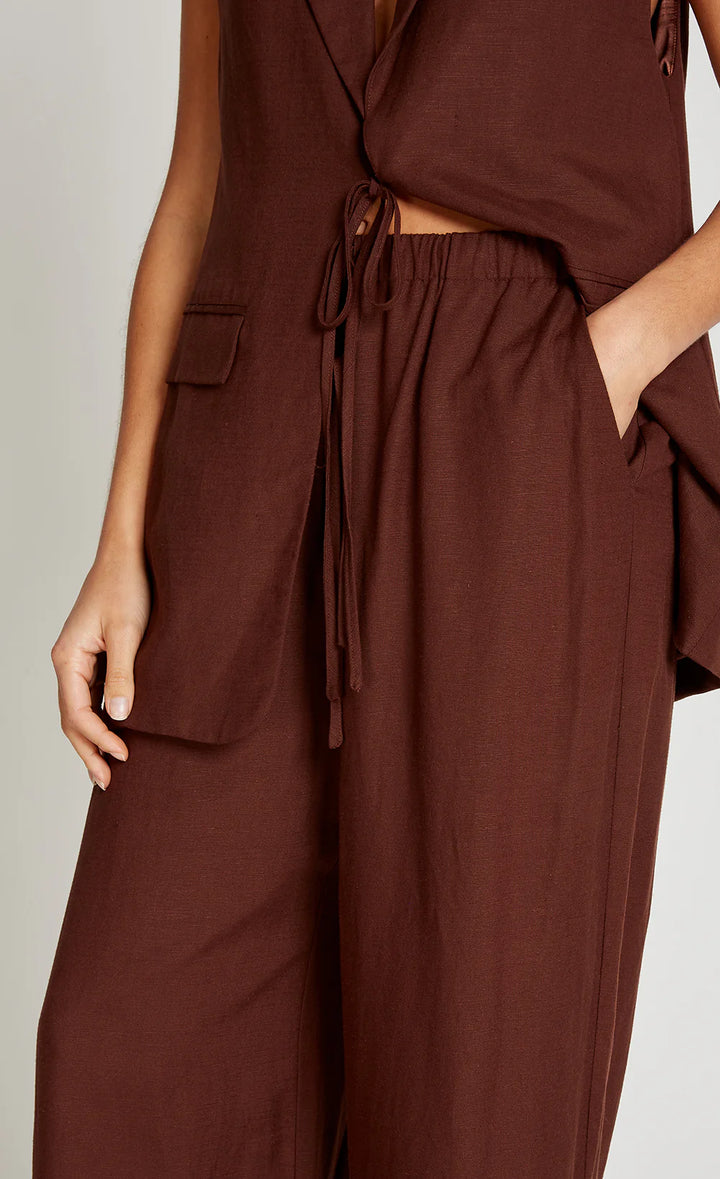 Wide Leg Trousers With Linen - Chocolate Brown