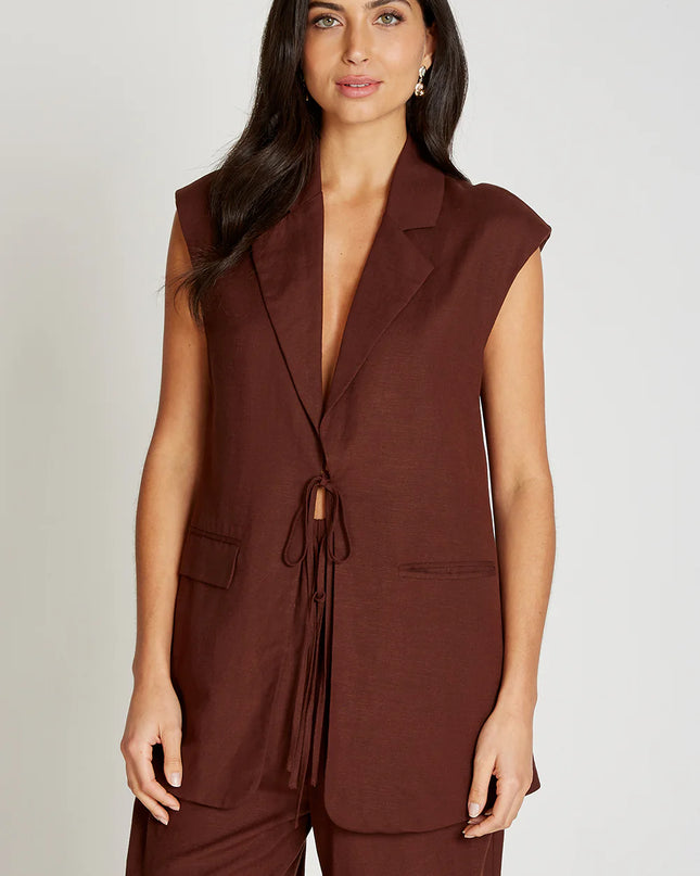 Linen Tie Front Waistcoat - Chocolate Brown
