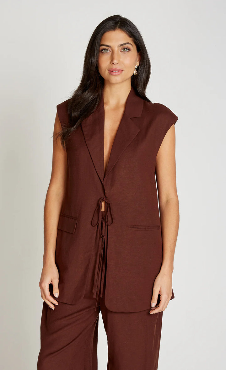 Linen Tie Front Waistcoat - Chocolate Brown