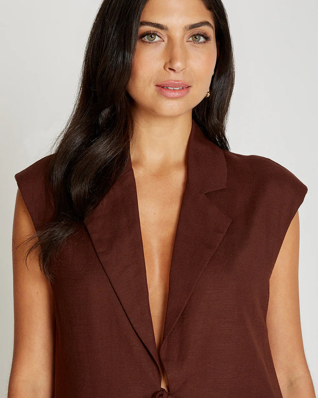 Linen Tie Front Waistcoat - Chocolate Brown