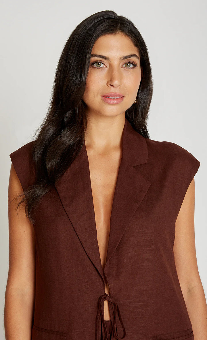 Linen Tie Front Waistcoat - Chocolate Brown