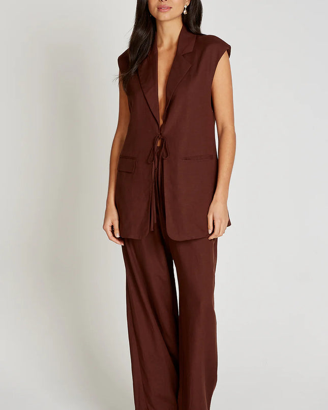 Linen Tie Front Waistcoat - Chocolate Brown