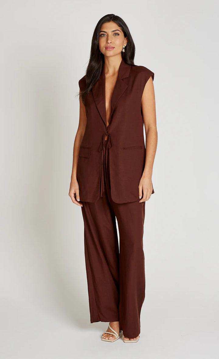 Linen Tie Front Waistcoat - Chocolate Brown