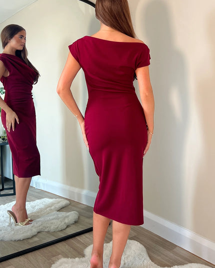 Ariana Asymmetric Midi Dress - Wine
