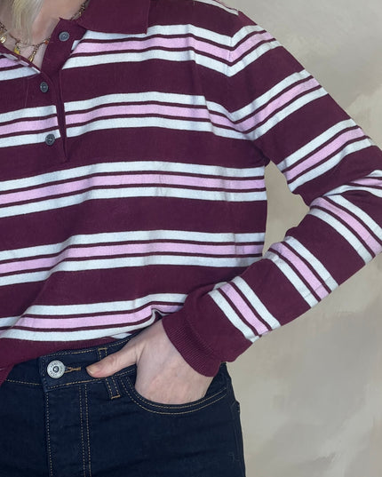Fine Knit Polo Top - Burgundy/Pink