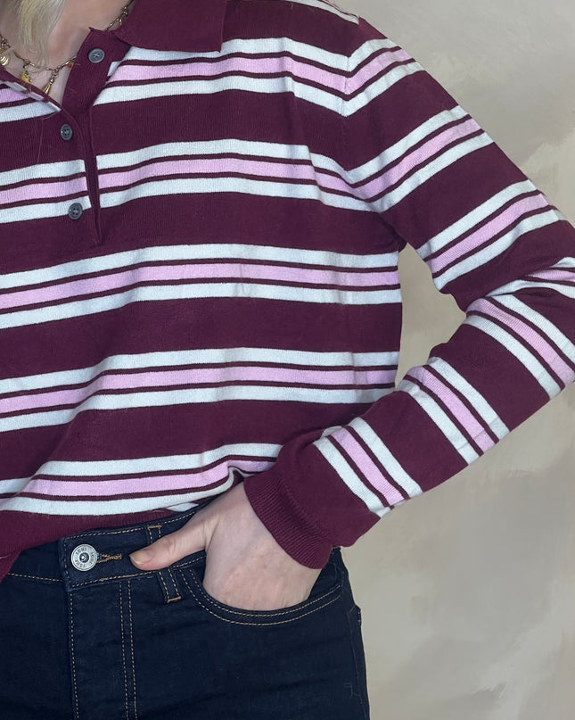 Fine Knit Polo Top - Burgundy/Pink