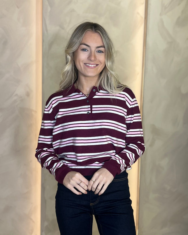 Fine Knit Polo Top - Burgundy/Pink
