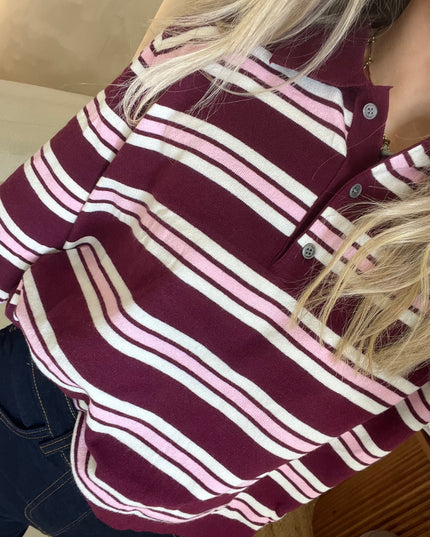 Fine Knit Polo Top - Burgundy/Pink