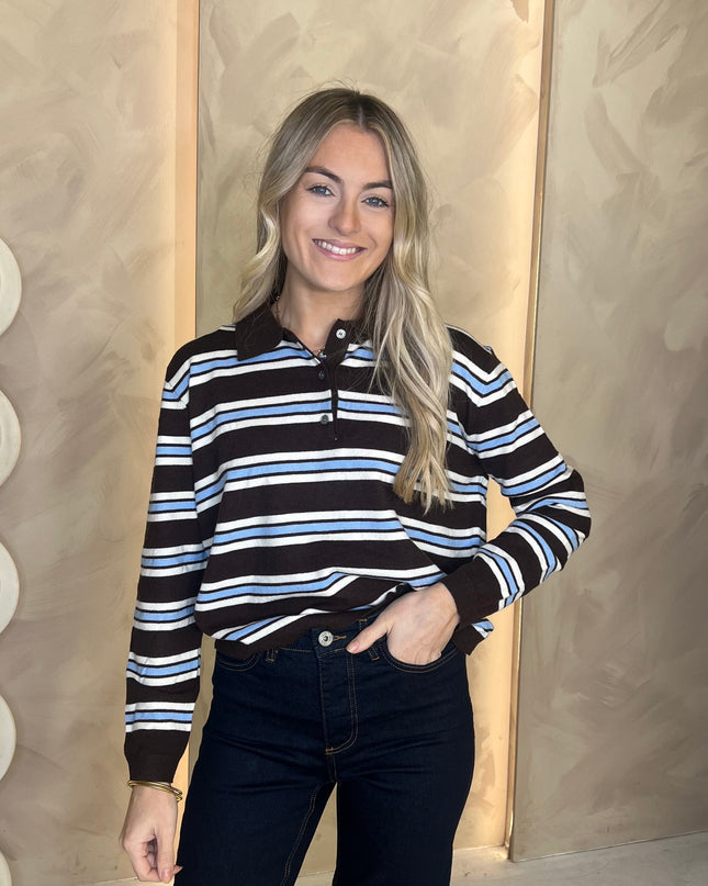 Fine Knit Polo Top - Brown/Blue