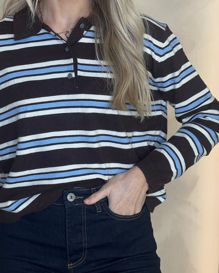Fine Knit Polo Top - Brown/Blue