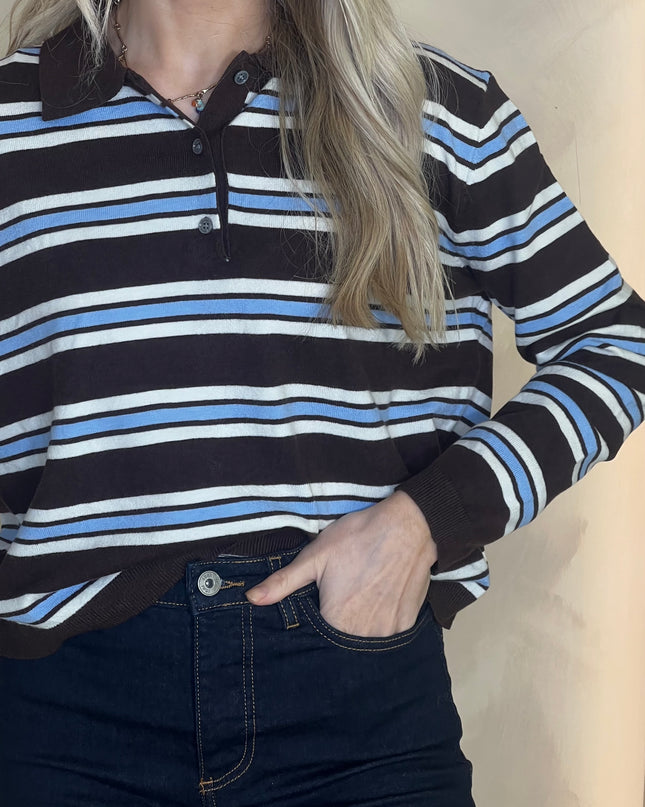 Fine Knit Polo Top - Brown/Blue