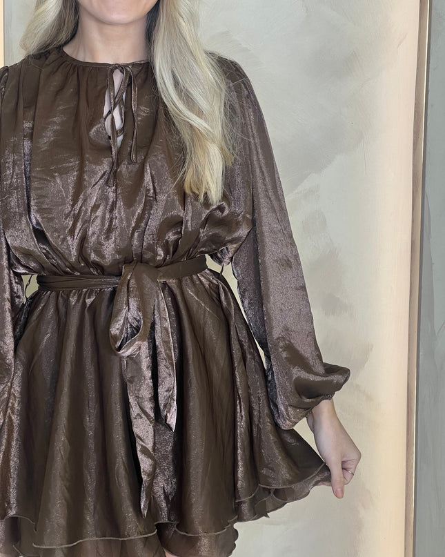 Skater Frill Mini Dress - Brown