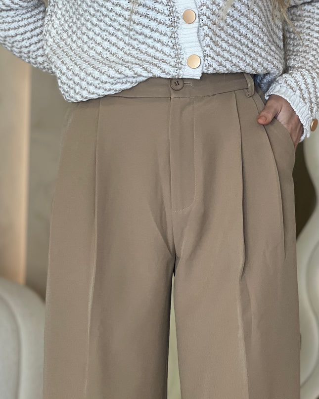 Wide Leg Tailored Trouser - Beige