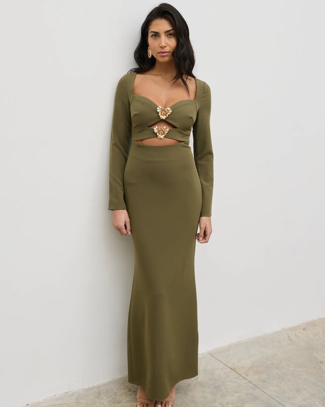 Corrine Gold Trim Cut Out Maxi Dress - Olive