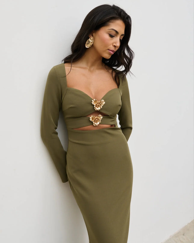 Corrine Gold Trim Cut Out Maxi Dress - Olive