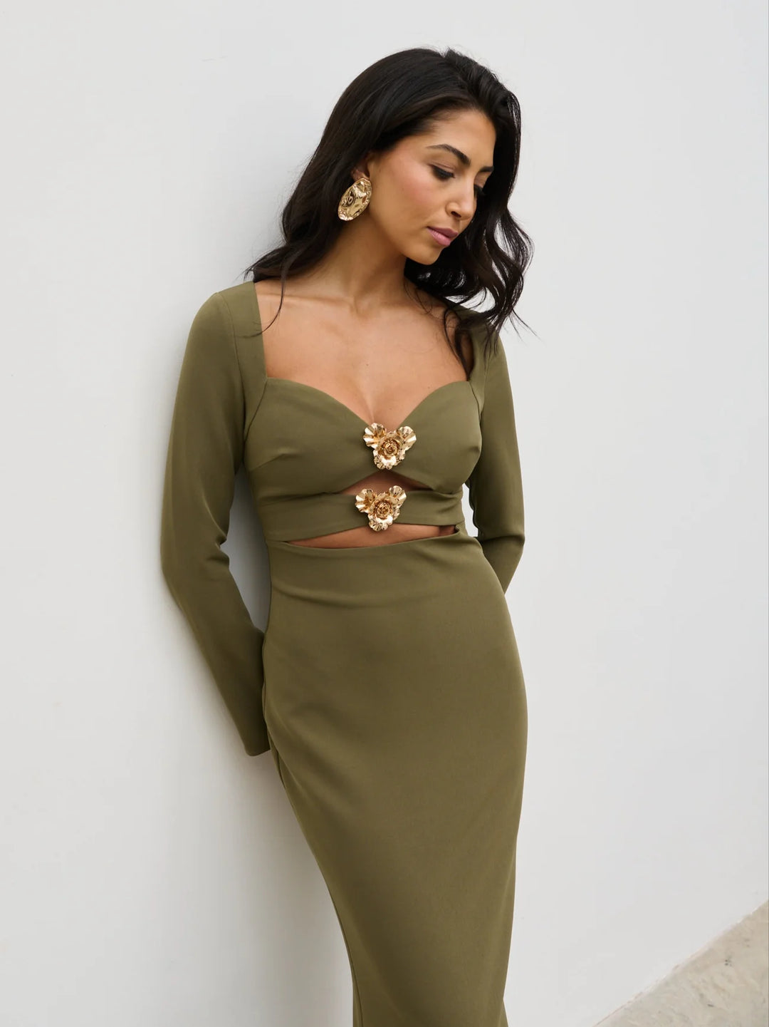 Corrine Gold Trim Cut Out Maxi Dress - Olive